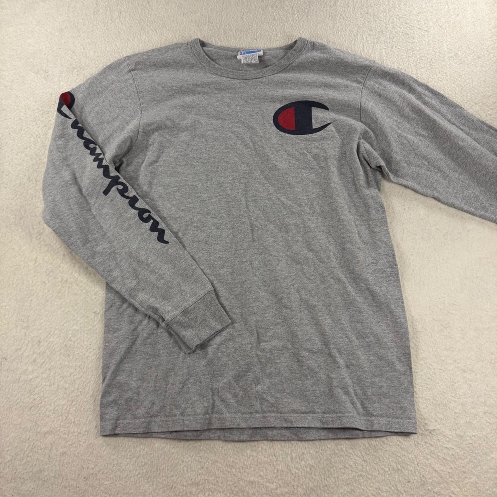 Champion Long Sleeve T-Shirt Mens Medium Gray Script Logo Tee VTG 90s Big Logo